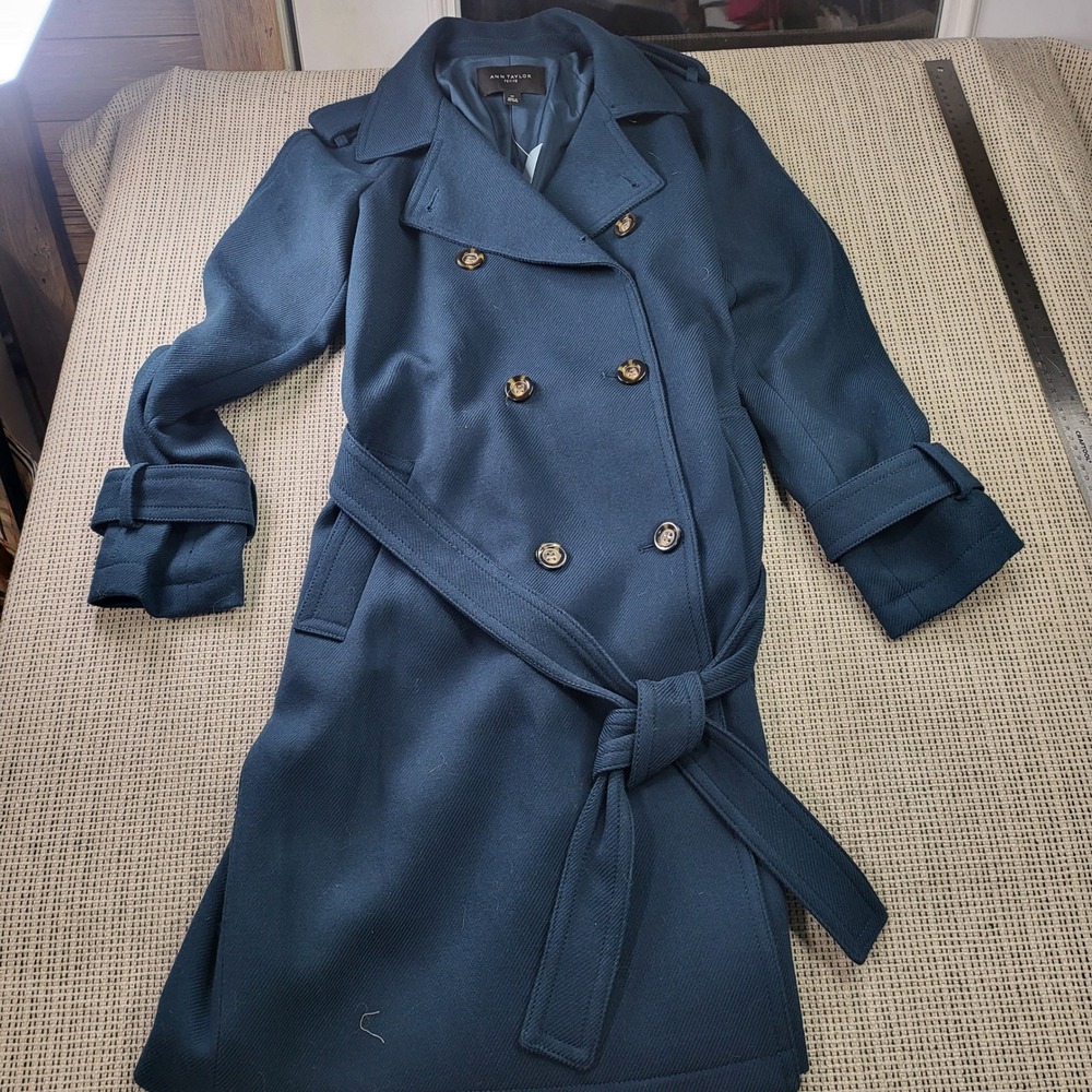 Ann Taylor Trench Coat Women MP Navy Blue Double Breasted Belted Twill 32051643